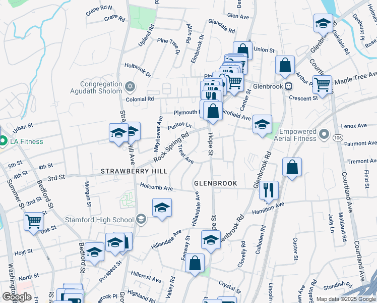 map of restaurants, bars, coffee shops, grocery stores, and more near 49 Coolidge Avenue in Stamford