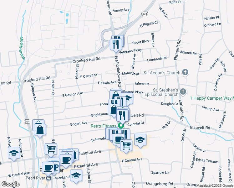 map of restaurants, bars, coffee shops, grocery stores, and more near 179 County Road 33 in Pearl River