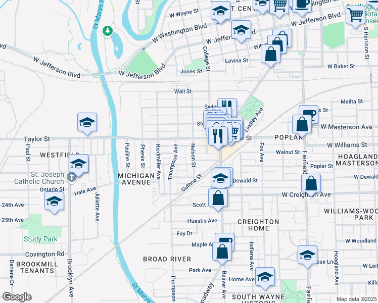 map of restaurants, bars, coffee shops, grocery stores, and more near 2024 Nelson Street in Fort Wayne