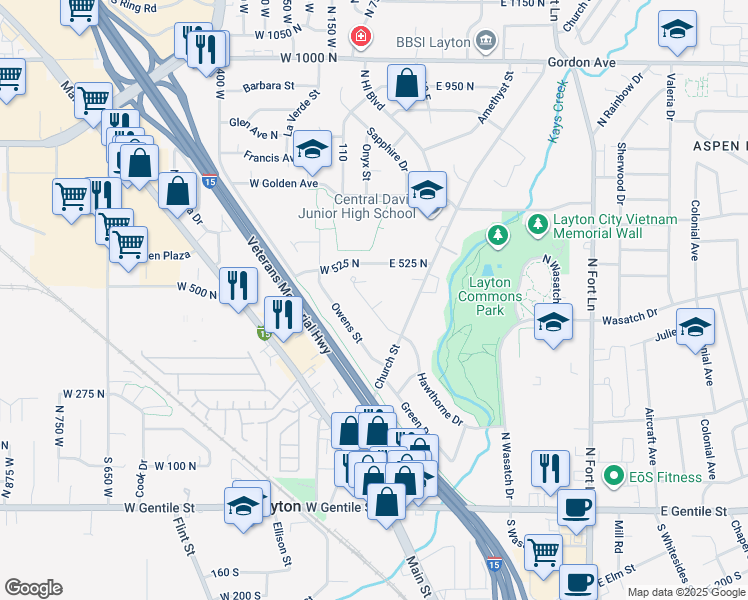 map of restaurants, bars, coffee shops, grocery stores, and more near 27 West Payne Circle in Layton