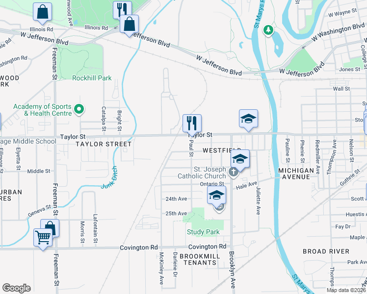 map of restaurants, bars, coffee shops, grocery stores, and more near 2222 Brown Street in Fort Wayne