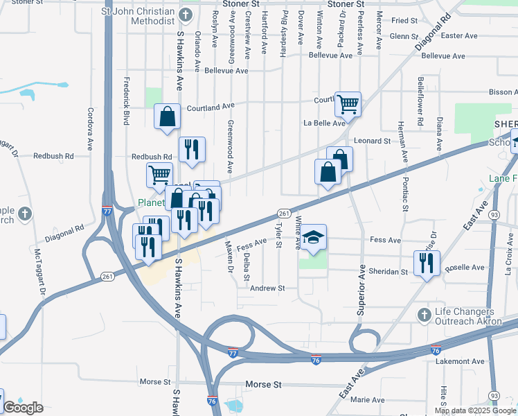 map of restaurants, bars, coffee shops, grocery stores, and more near 1199 Vernon Odom Boulevard in Akron