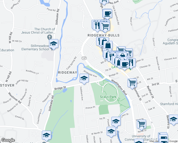 map of restaurants, bars, coffee shops, grocery stores, and more near in Stamford