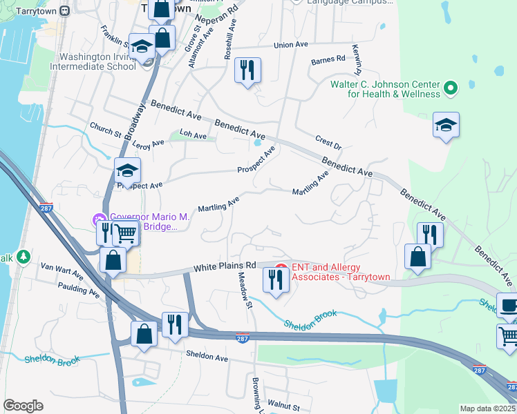 map of restaurants, bars, coffee shops, grocery stores, and more near 222 Martling Avenue in Tarrytown