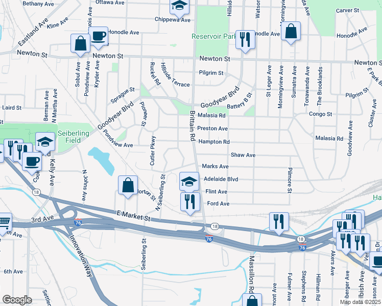 map of restaurants, bars, coffee shops, grocery stores, and more near 172 Brittain Road in Akron