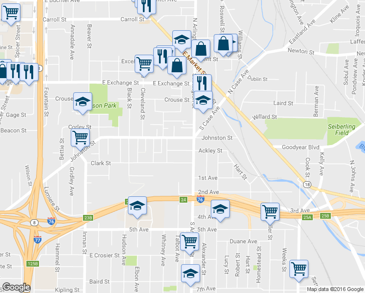 map of restaurants, bars, coffee shops, grocery stores, and more near 1053 Ackley Street in Akron