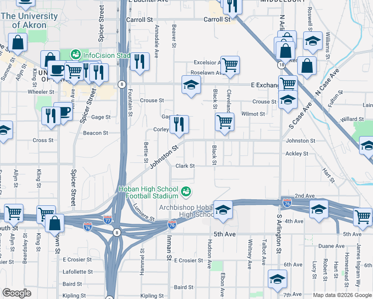 map of restaurants, bars, coffee shops, grocery stores, and more near 840 Johnston Street in Akron
