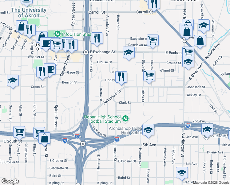 map of restaurants, bars, coffee shops, grocery stores, and more near 425 Margaret Street in Akron