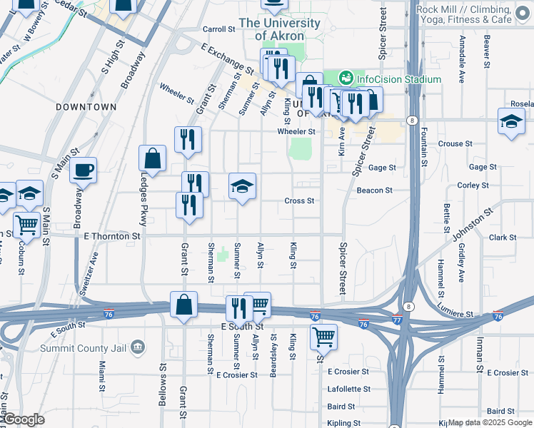 map of restaurants, bars, coffee shops, grocery stores, and more near 569 Allyn Street in Akron