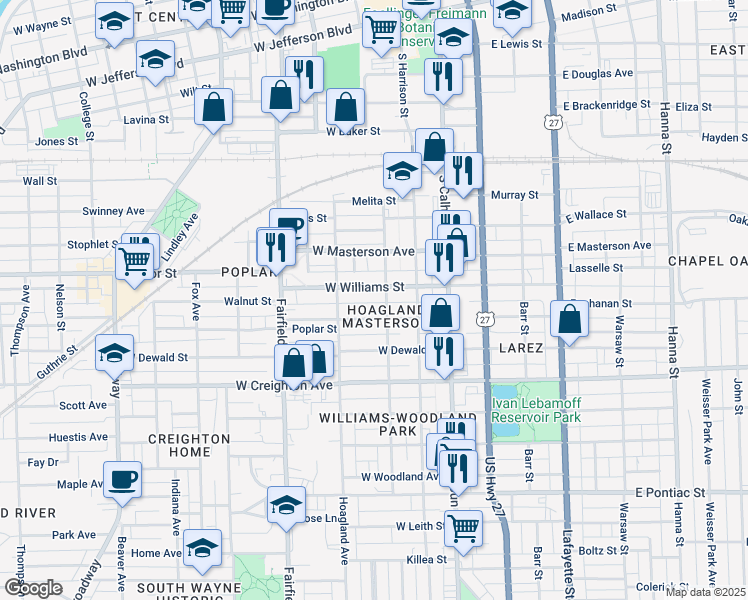 map of restaurants, bars, coffee shops, grocery stores, and more near 315 West Williams Street in Fort Wayne