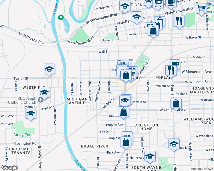 map of restaurants, bars, coffee shops, grocery stores, and more near 2024 Nelson Street in Fort Wayne