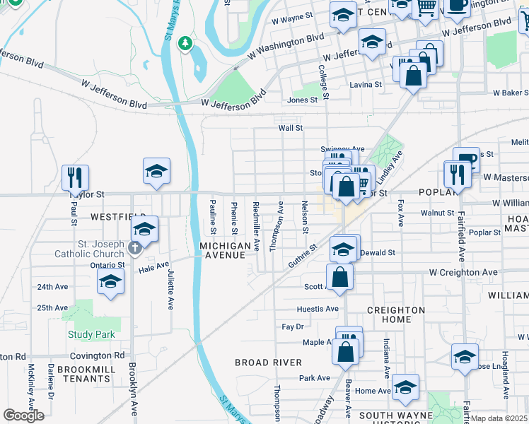 map of restaurants, bars, coffee shops, grocery stores, and more near 2024 Thompson Avenue in Fort Wayne