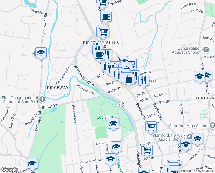 map of restaurants, bars, coffee shops, grocery stores, and more near 28 7th Street in Stamford