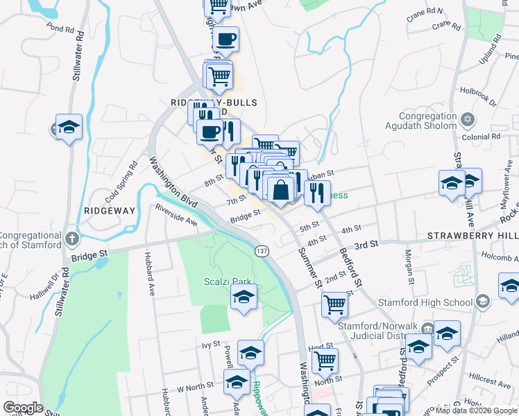 map of restaurants, bars, coffee shops, grocery stores, and more near 2228 Summer Street in Stamford