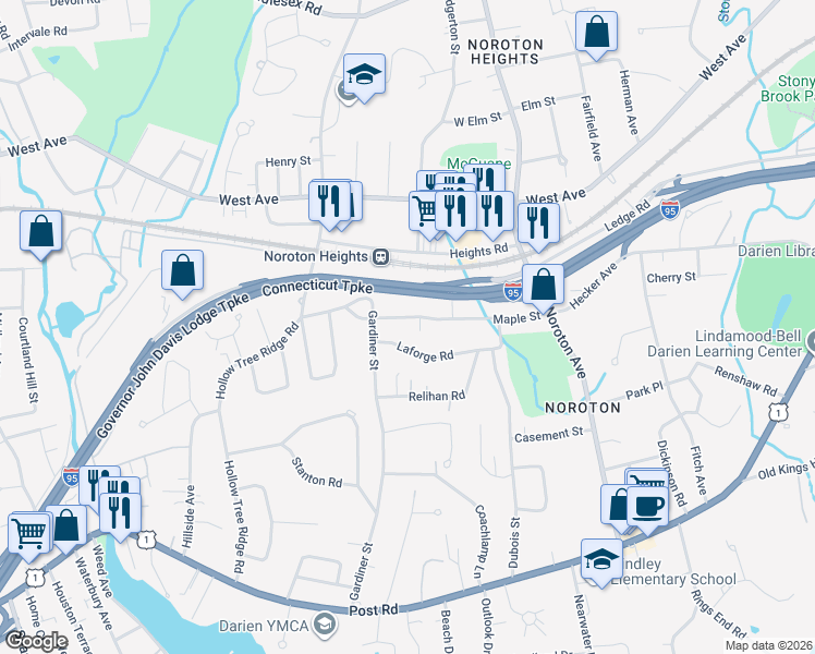 map of restaurants, bars, coffee shops, grocery stores, and more near 70 Maple Street in Darien