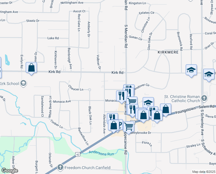 map of restaurants, bars, coffee shops, grocery stores, and more near 3670 South Wendover Circle in Youngstown