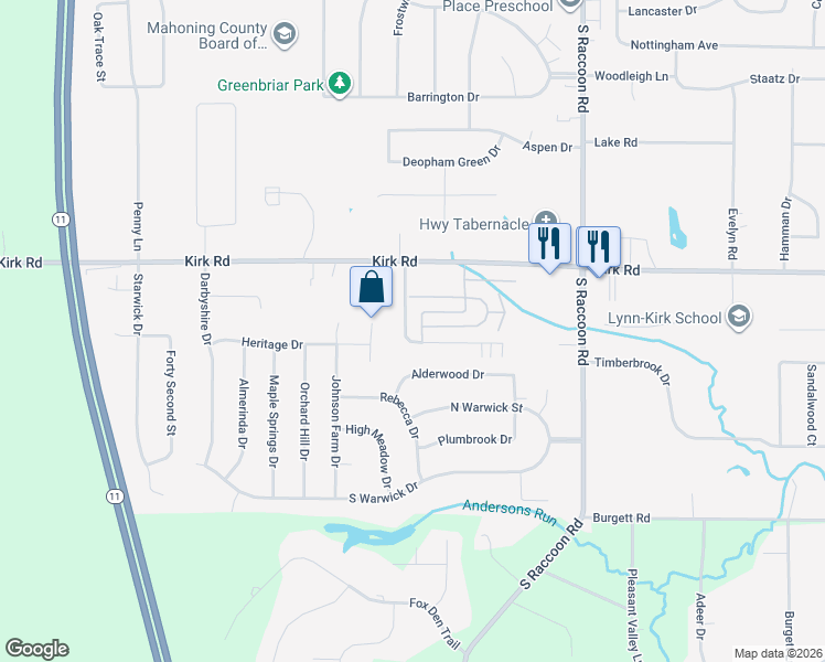 map of restaurants, bars, coffee shops, grocery stores, and more near 4633 Washington Square Drive in Austintown