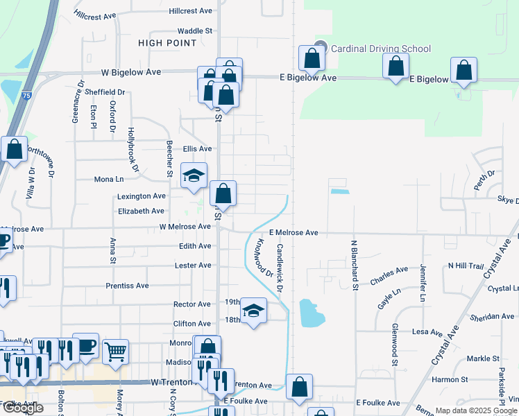 map of restaurants, bars, coffee shops, grocery stores, and more near 200 Santee Ave in Findlay