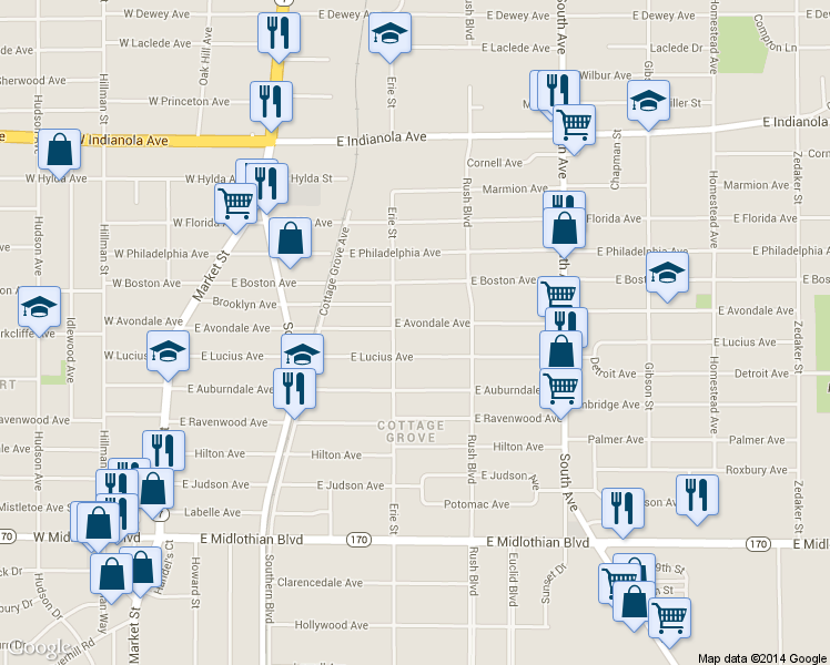 map of restaurants, bars, coffee shops, grocery stores, and more near 221 E Avondale Ave in Youngstown