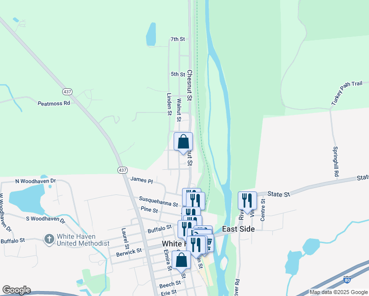 map of restaurants, bars, coffee shops, grocery stores, and more near 17 Walnut Street in White Haven
