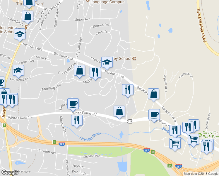 map of restaurants, bars, coffee shops, grocery stores, and more near 381 Carrollwood Drive in Tarrytown
