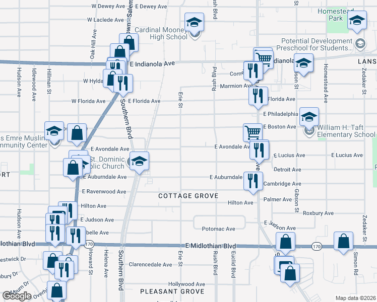 map of restaurants, bars, coffee shops, grocery stores, and more near 221 East Avondale Avenue in Youngstown