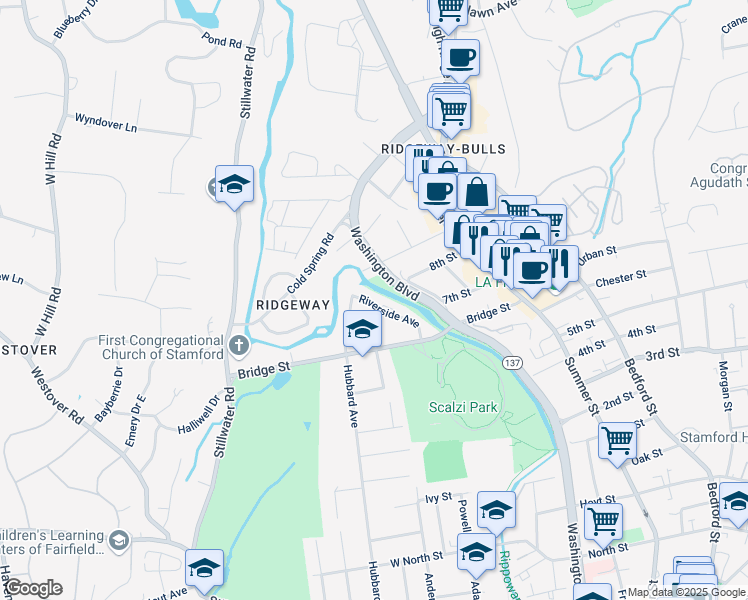 map of restaurants, bars, coffee shops, grocery stores, and more near 67 Riverside Avenue in Stamford