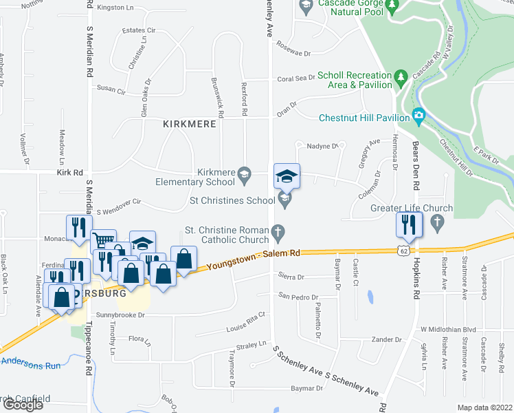 map of restaurants, bars, coffee shops, grocery stores, and more near 3150 South Schenley Avenue in Youngstown