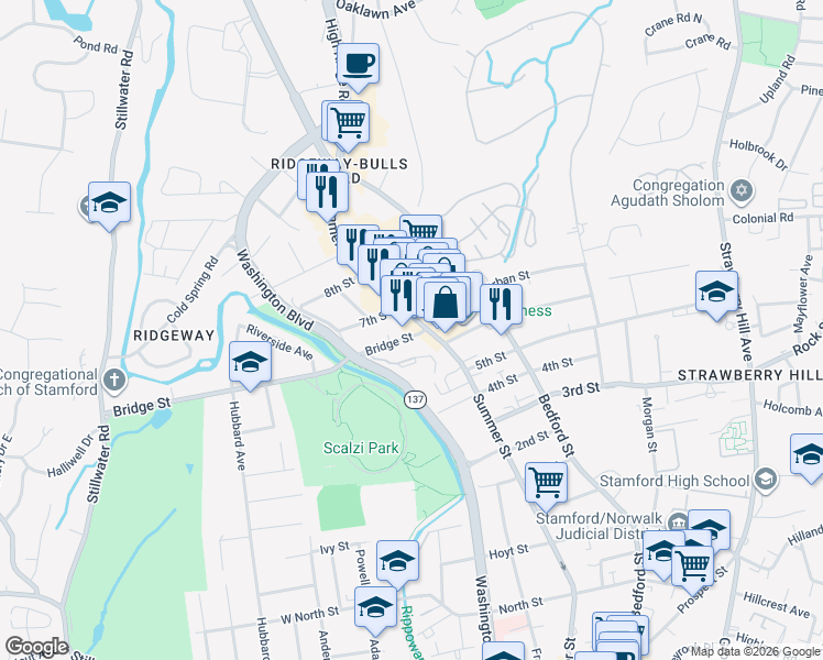 map of restaurants, bars, coffee shops, grocery stores, and more near 2228 Summer Street in Stamford