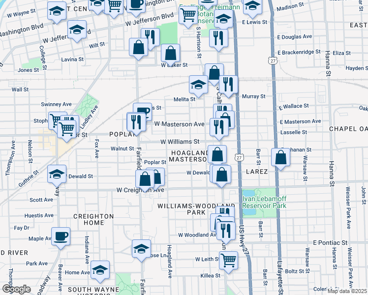 map of restaurants, bars, coffee shops, grocery stores, and more near 315 West Williams Street in Fort Wayne