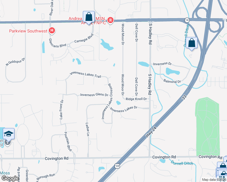 map of restaurants, bars, coffee shops, grocery stores, and more near 1919 Inverness Lakes Crossing in Fort Wayne