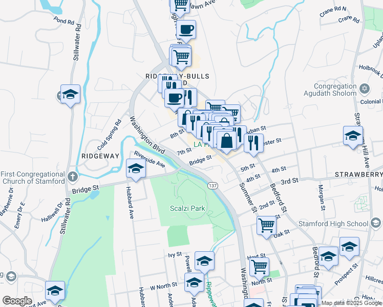 map of restaurants, bars, coffee shops, grocery stores, and more near 28 7th Street in Stamford