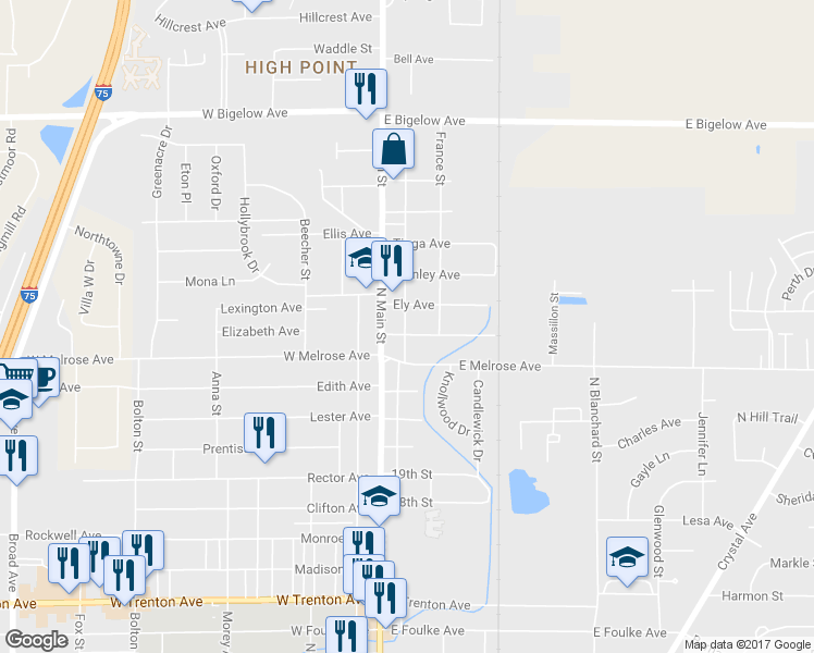 map of restaurants, bars, coffee shops, grocery stores, and more near 118 Santee Ave in Findlay