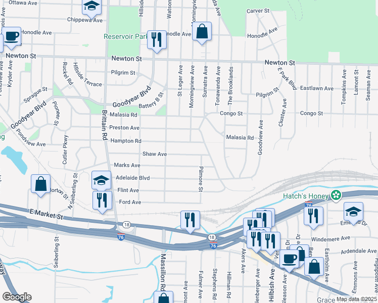 map of restaurants, bars, coffee shops, grocery stores, and more near 1881 Shaw Avenue in Akron