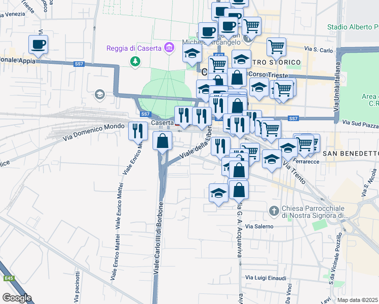 map of restaurants, bars, coffee shops, grocery stores, and more near Viale della Libertà in Caserta