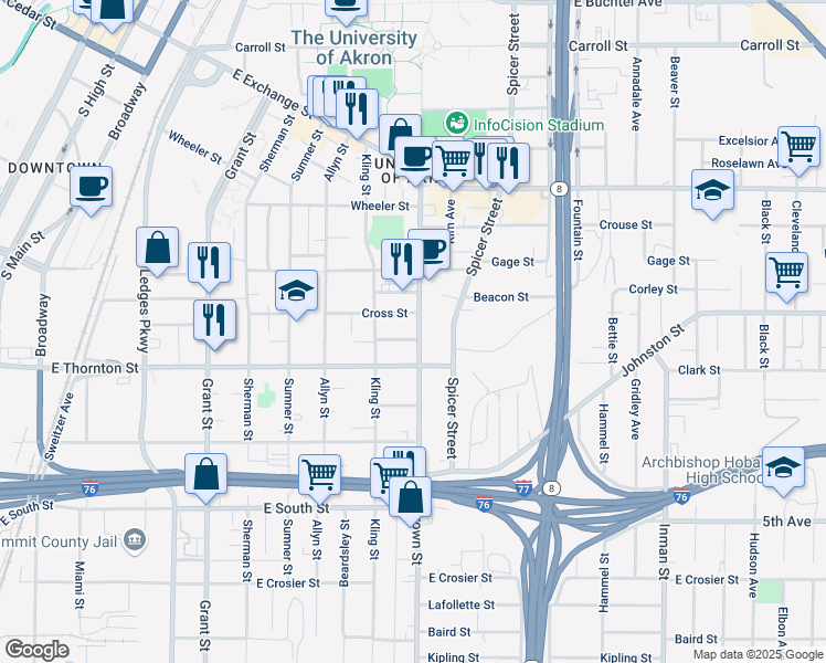 map of restaurants, bars, coffee shops, grocery stores, and more near 544 Brown Street in Akron