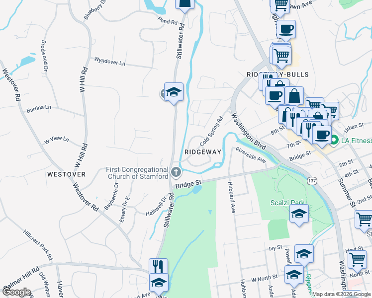 map of restaurants, bars, coffee shops, grocery stores, and more near 14 Windsor Road in Stamford