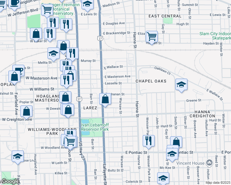 map of restaurants, bars, coffee shops, grocery stores, and more near 447 Buchanan Street in Fort Wayne