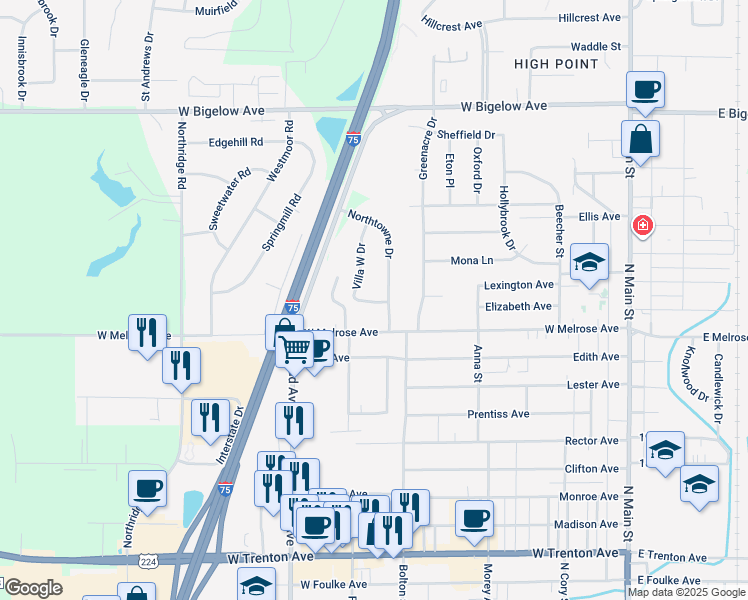 map of restaurants, bars, coffee shops, grocery stores, and more near 636 Villa South Drive in Findlay