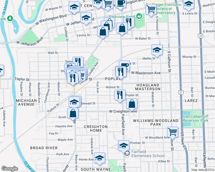 map of restaurants, bars, coffee shops, grocery stores, and more near 706 Walnut Street in Fort Wayne