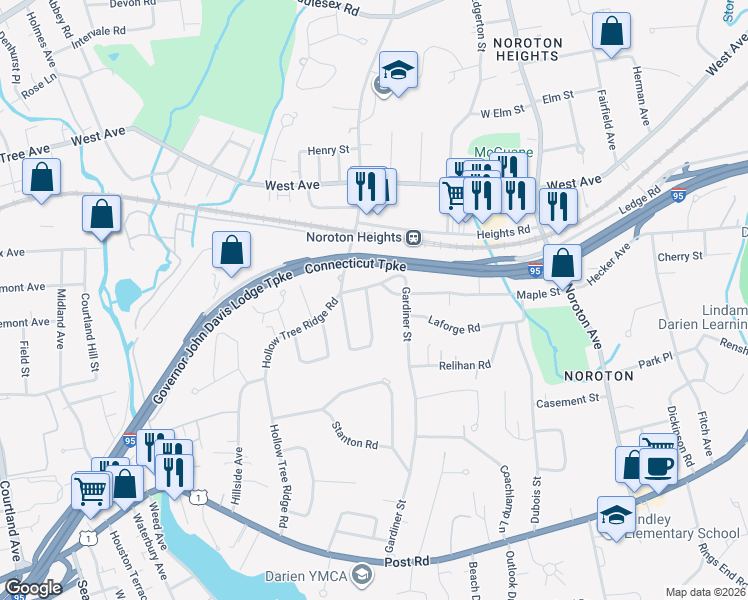 map of restaurants, bars, coffee shops, grocery stores, and more near 3 Walmsley Road in Darien