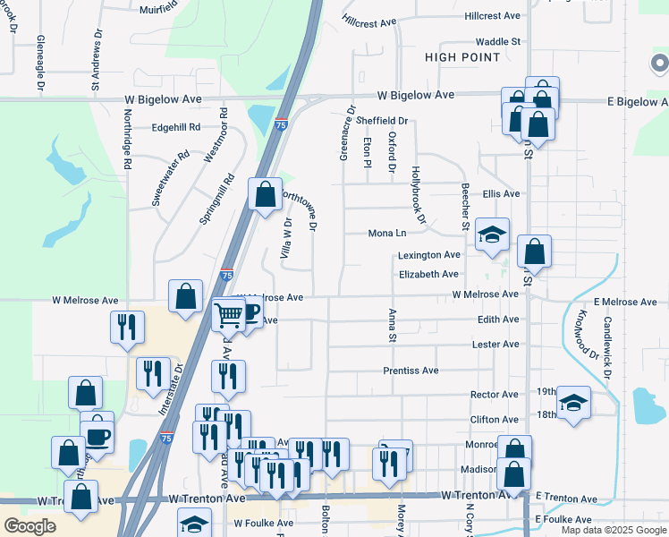 map of restaurants, bars, coffee shops, grocery stores, and more near 2300 Greenacre Dr in Findlay