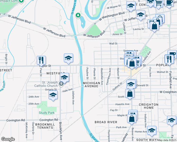 map of restaurants, bars, coffee shops, grocery stores, and more near 2020 Phenie Street in Fort Wayne