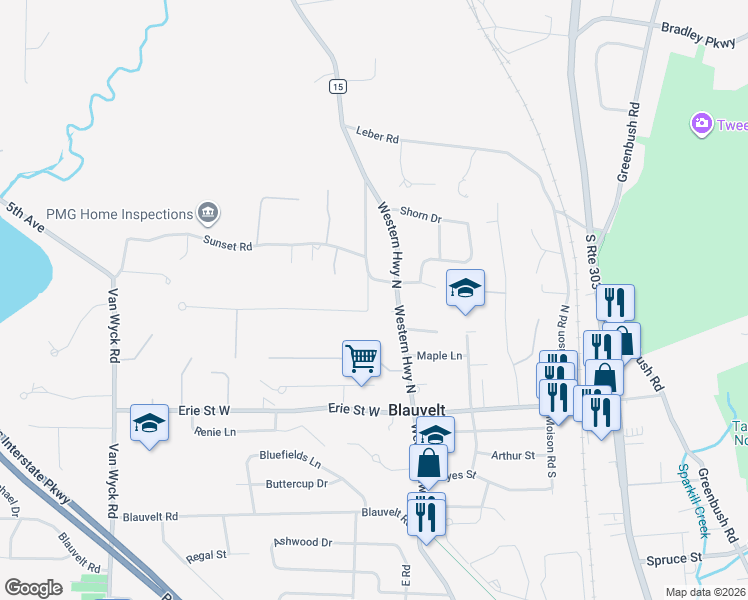 map of restaurants, bars, coffee shops, grocery stores, and more near 20 Burrows Lane in Blauvelt