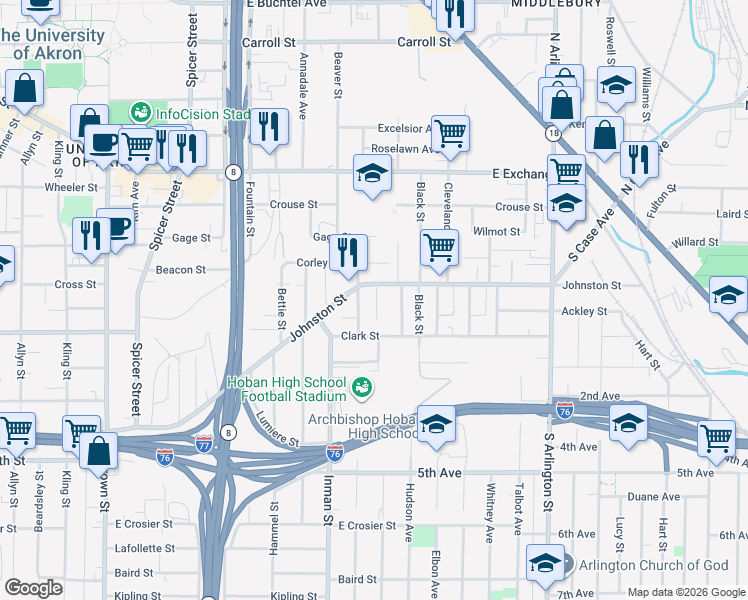 map of restaurants, bars, coffee shops, grocery stores, and more near 423 Downing Place in Akron