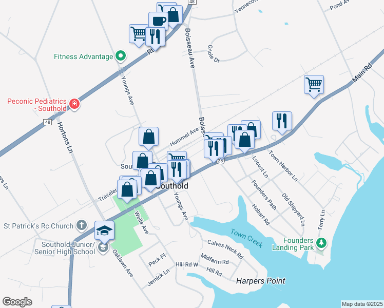 map of restaurants, bars, coffee shops, grocery stores, and more near Ann Way in Southold