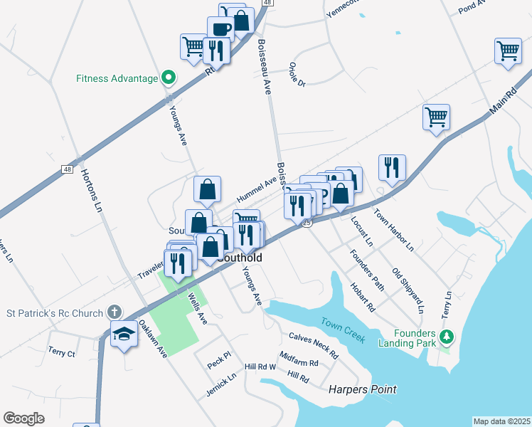 map of restaurants, bars, coffee shops, grocery stores, and more near Ann Way in Southold