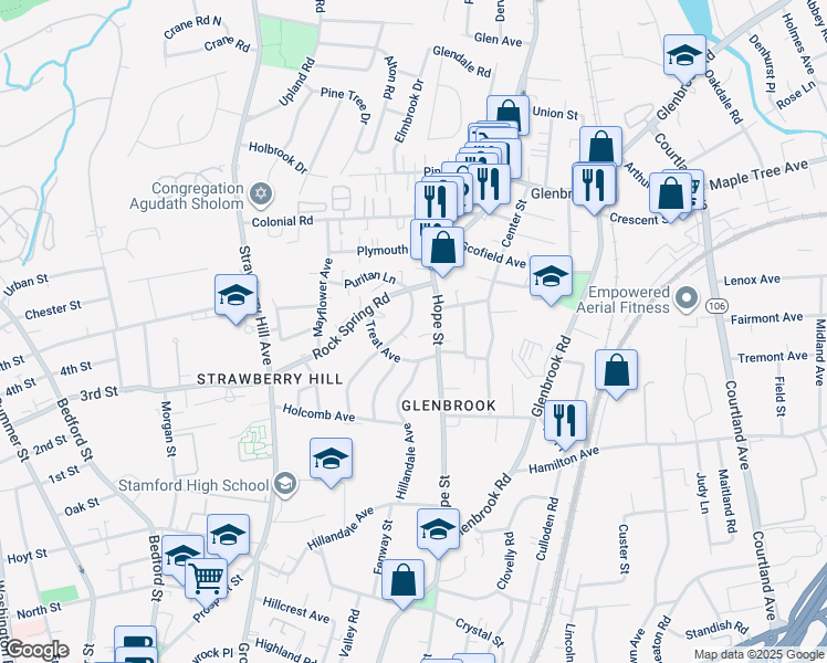 map of restaurants, bars, coffee shops, grocery stores, and more near 184 Hope Street in Stamford