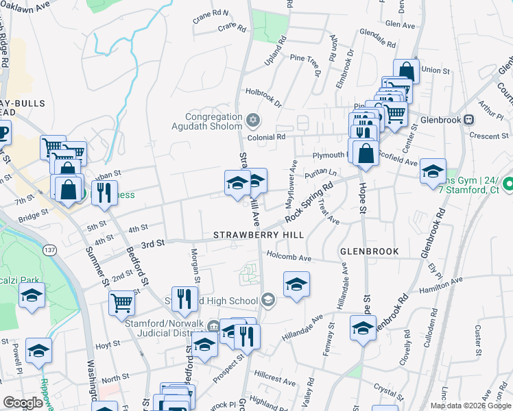 map of restaurants, bars, coffee shops, grocery stores, and more near 195 Strawberry Hill Avenue in Stamford