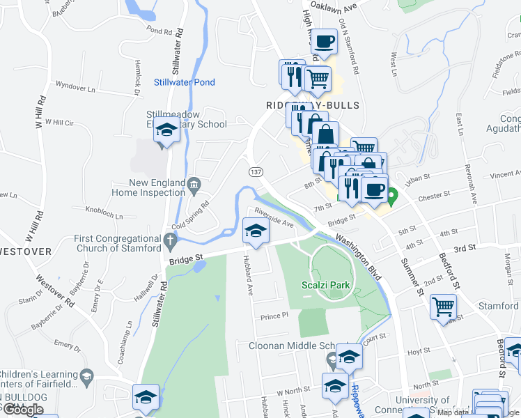 map of restaurants, bars, coffee shops, grocery stores, and more near in Stamford